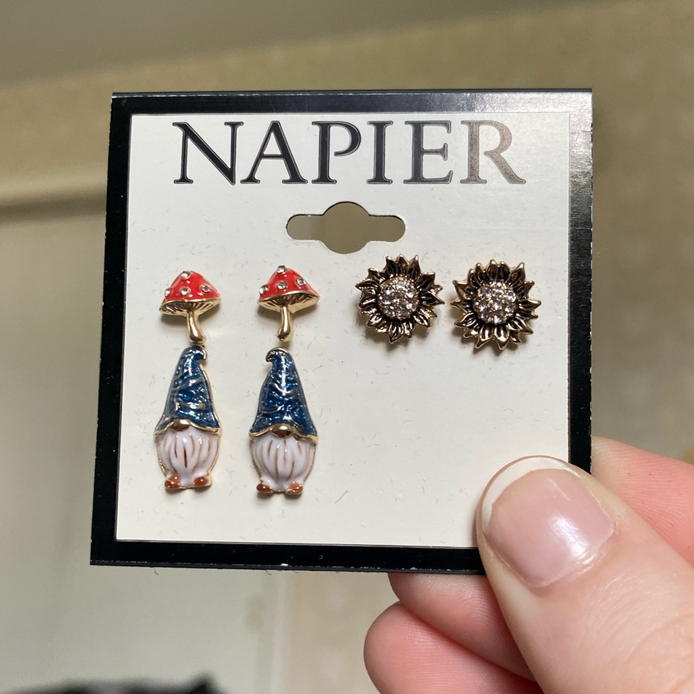 Mushrooms, gnomes, and sunflowers earring set
